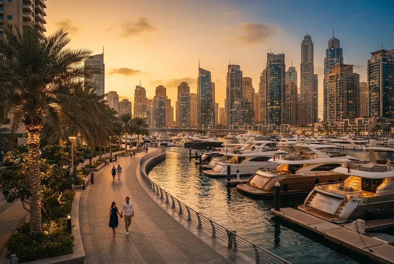 Dubai Marina waterfront promenade with luxury yachts and residential towers at golden hour