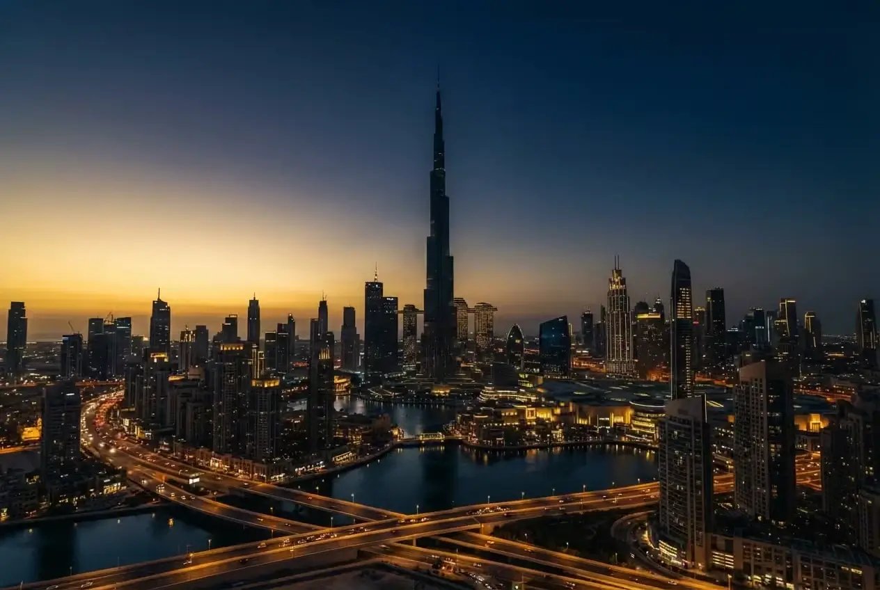 Downtown Dubai cityscape with Burj Khalifa, Dubai Mall, and illuminated highways at sunset