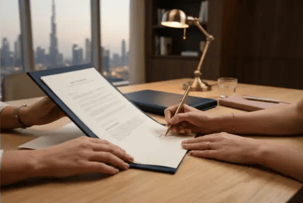 Close-up of a person sitting at a wooden desk, signing a document in a blue folder with a gold pen, with a warm desk lamp and a city view outside the window.