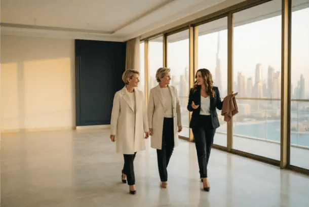 Three professional women walking together through a spacious, unfurnished high-rise apartment with large floor-to-ceiling windows overlooking a city skyline.
