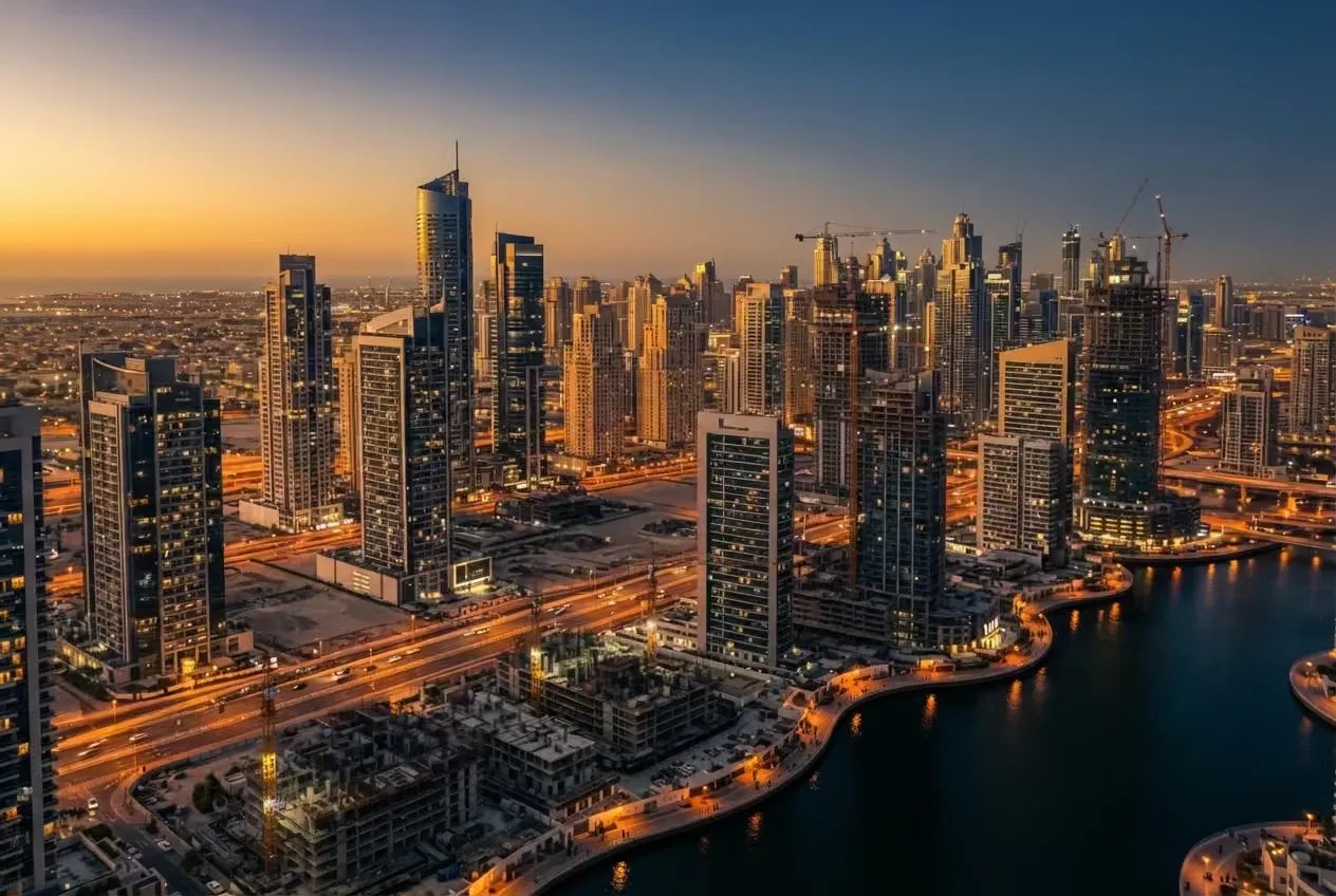 Dubai residential towers under construction at golden hour