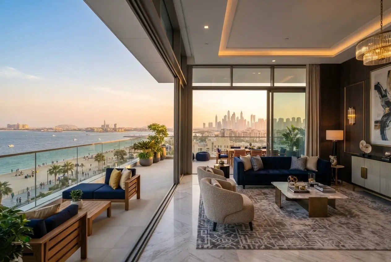 Luxury beachfront penthouse interior in Palm Jumeirah with open terrace and Dubai Marina views