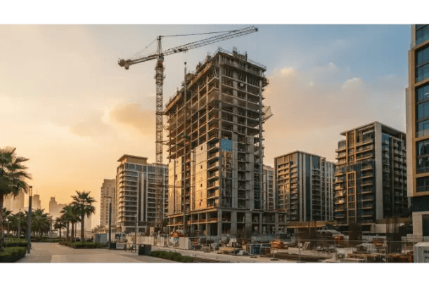 A construction site with a tall crane working on a multi-story building surrounded by other completed high-rise buildings and palm trees at sunset.