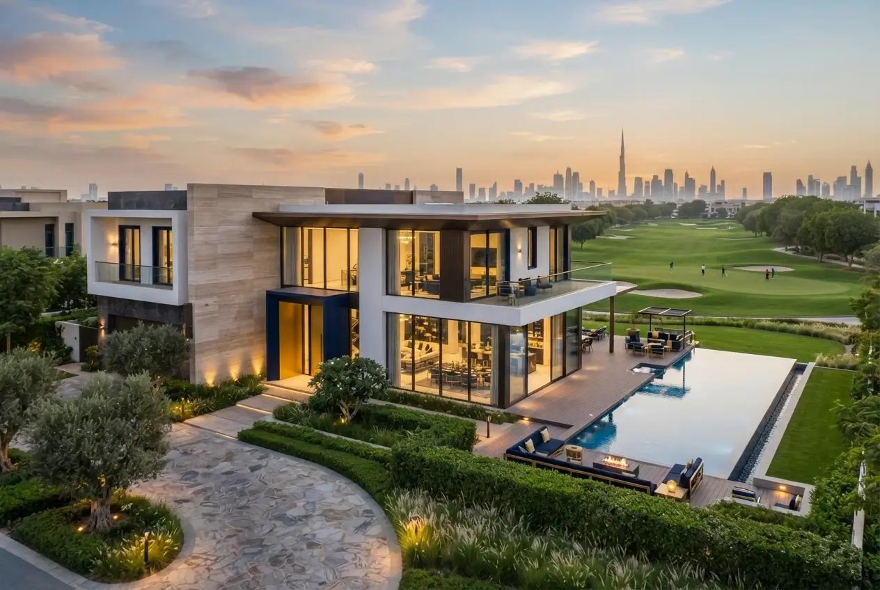 Modern luxury golf villa in Dubai Hills Estate with private pool and Burj Khalifa view at sunset