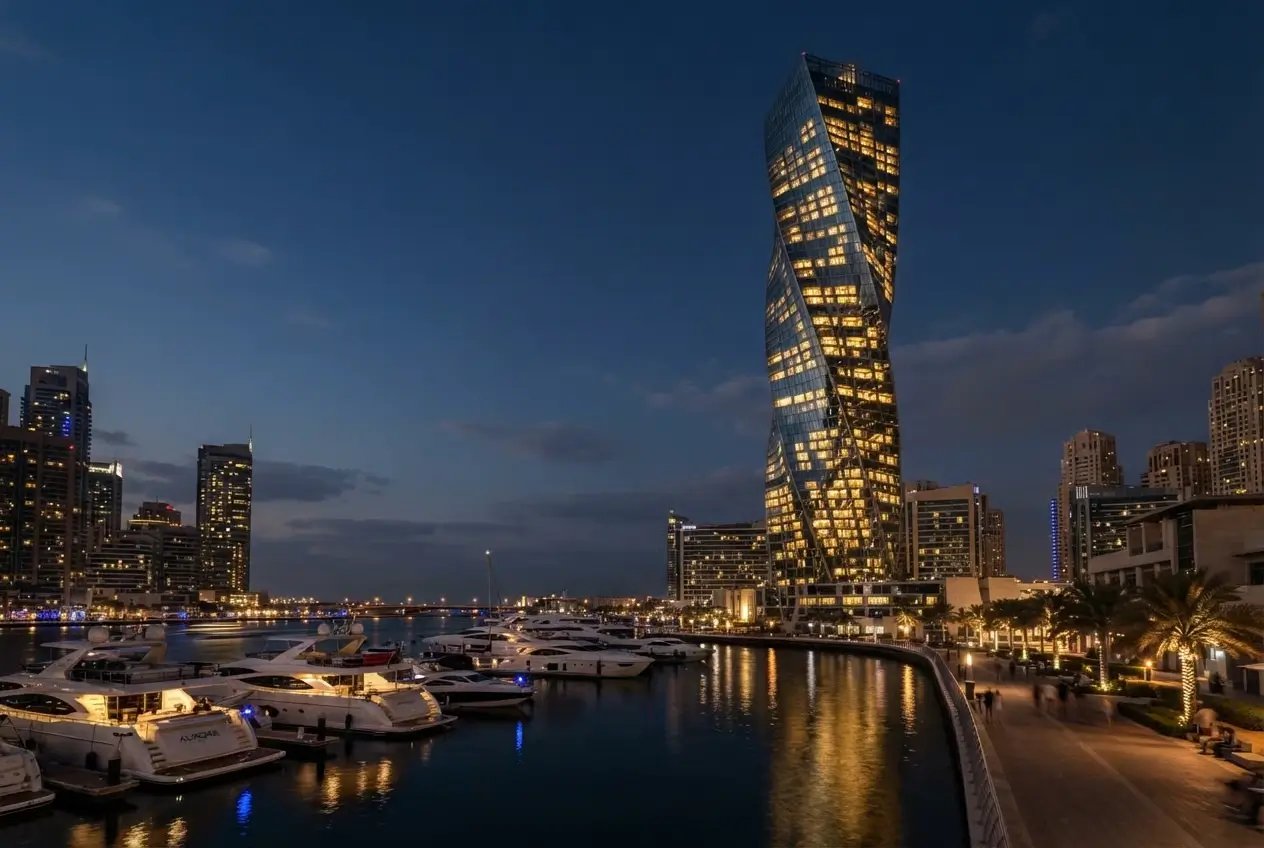 Twisted Cayan Tower in Dubai Marina with luxury yachts and waterfront canal at night