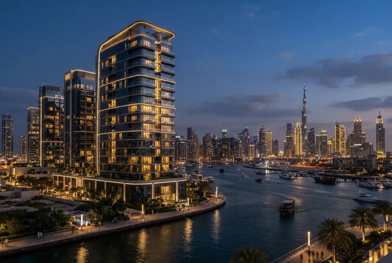 Illuminated waterfront towers and boats at dusk with Dubai’s skyline and Burj Khalifa in the background.