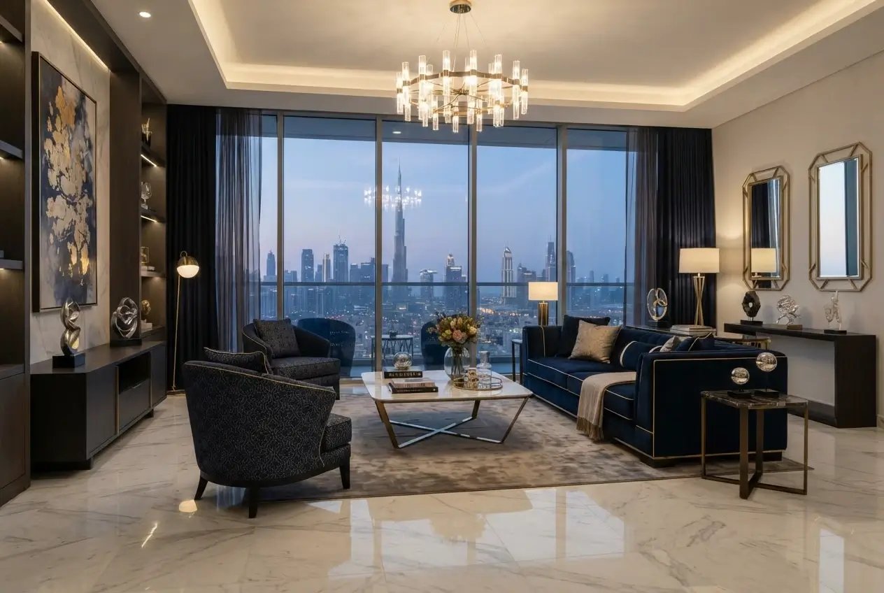 Luxury Dubai penthouse living room featuring floor-to-ceiling windows and stunning view of Burj Khalifa