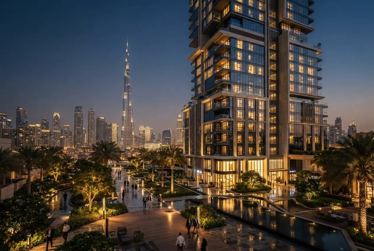Luxury high-rise residential building in Downtown Dubai with Burj Khalifa skyline view at night
