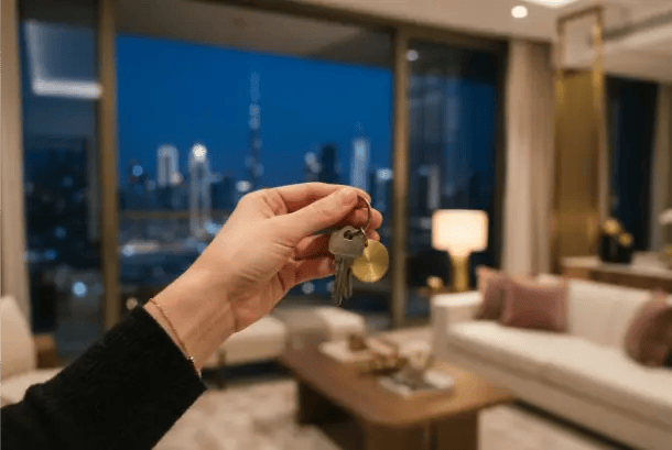 A close-up of a hand holding a set of keys with a keychain, with a modern living room interior and a city skyline visible through a large window in the background.
