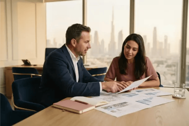A man and woman sitting across a wooden office desk reviewing business documents and charts, with a large window showing a city skyline in the background.